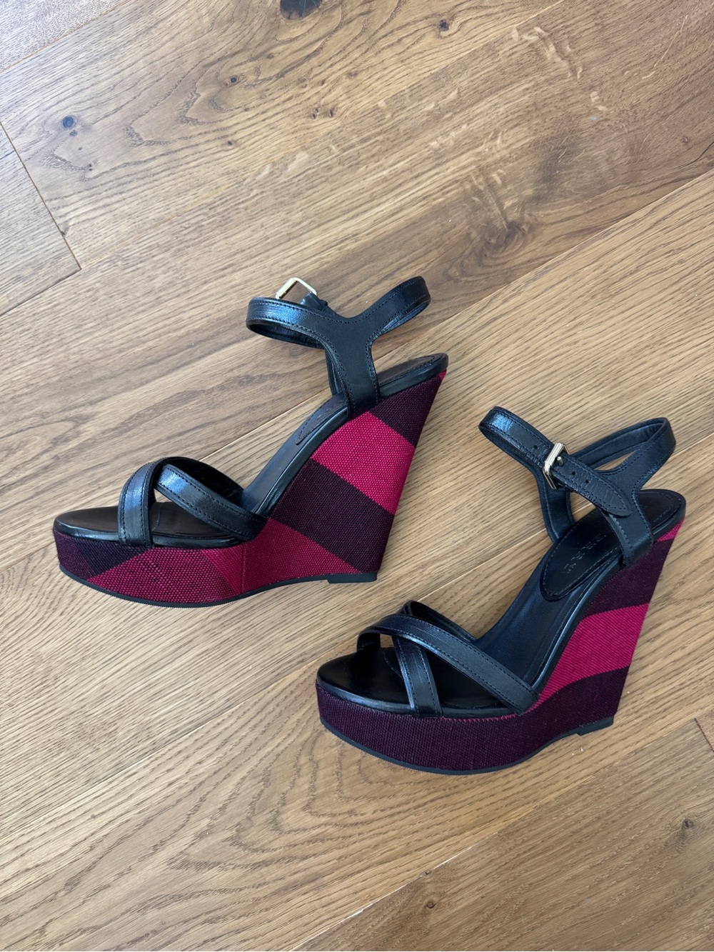 Burberry Black Leather Ankle-Strap Wedges with Plum and Pink Stripes